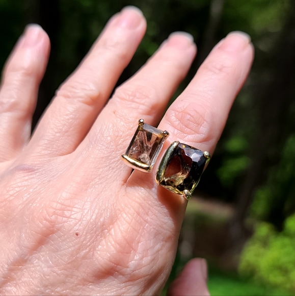 Large Lemon & Smokey quartz sterling ring sz8